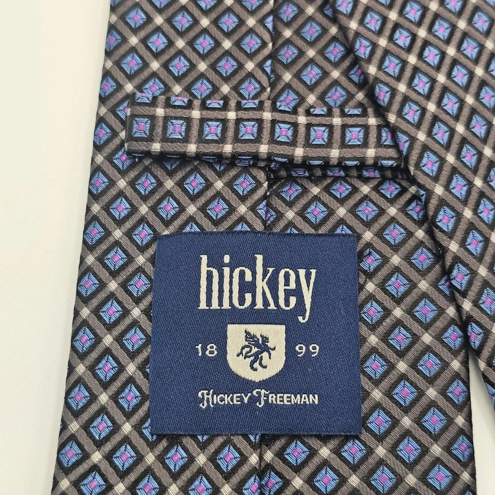 Hickey Freeman Silk‎ Tie Gray Blue Purple Geometric Diamond Square Mens Necktie